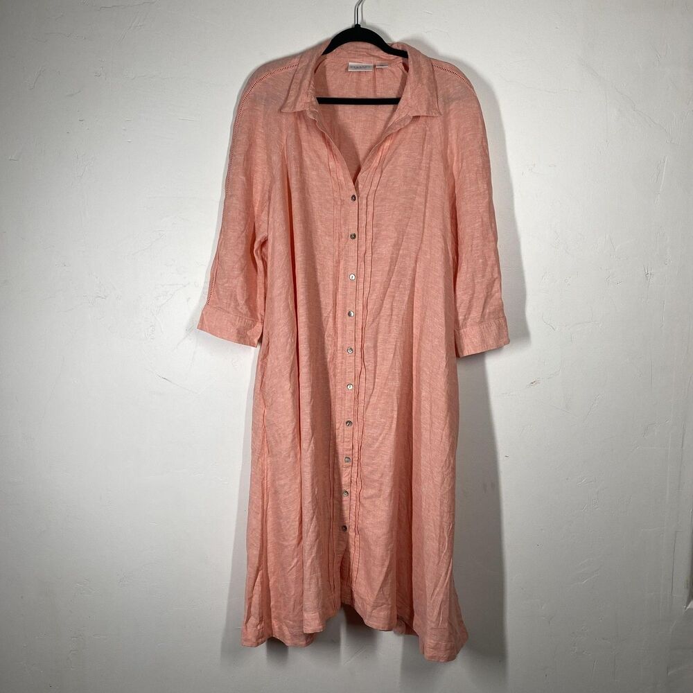Calypso St. Barth Dress Womens XL Pink Linen Long Shirt Button Front 3/4 Sleeve